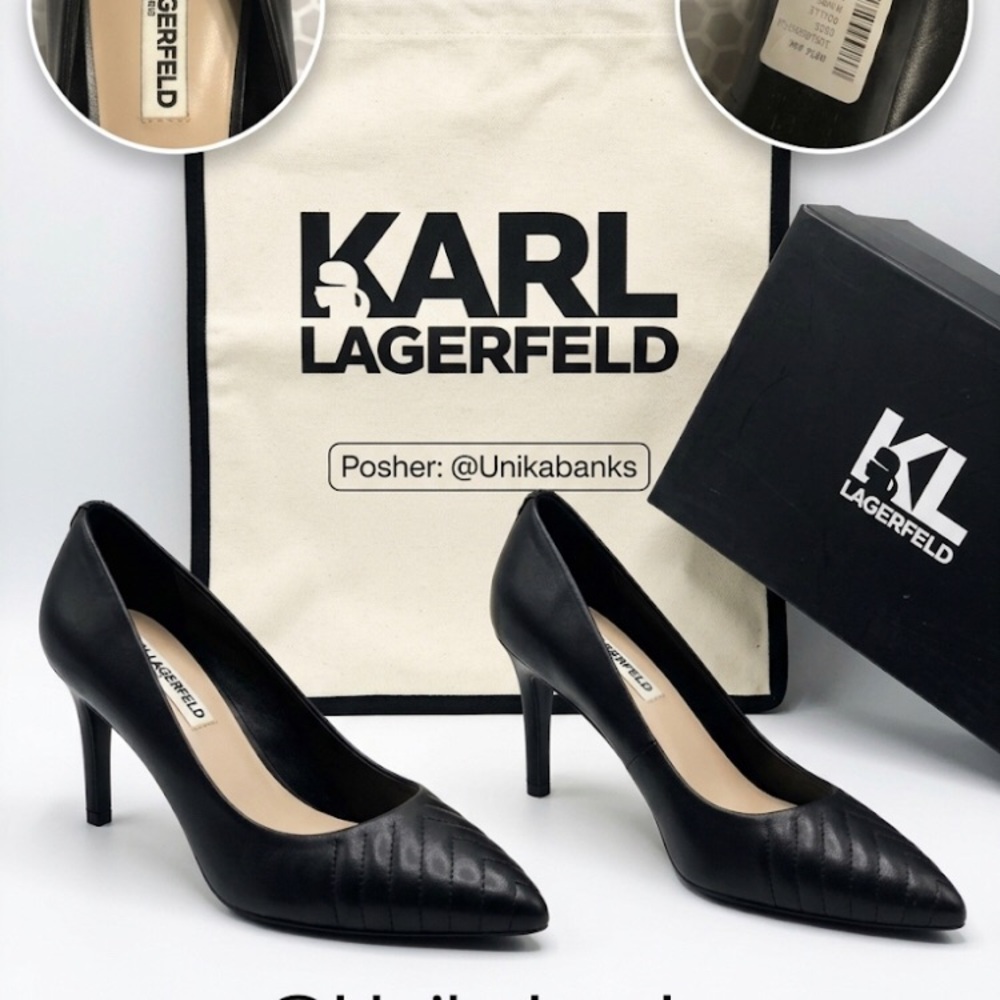 Karl Lagerfeld Black Leather Pointed Toe Stiletto Pumps